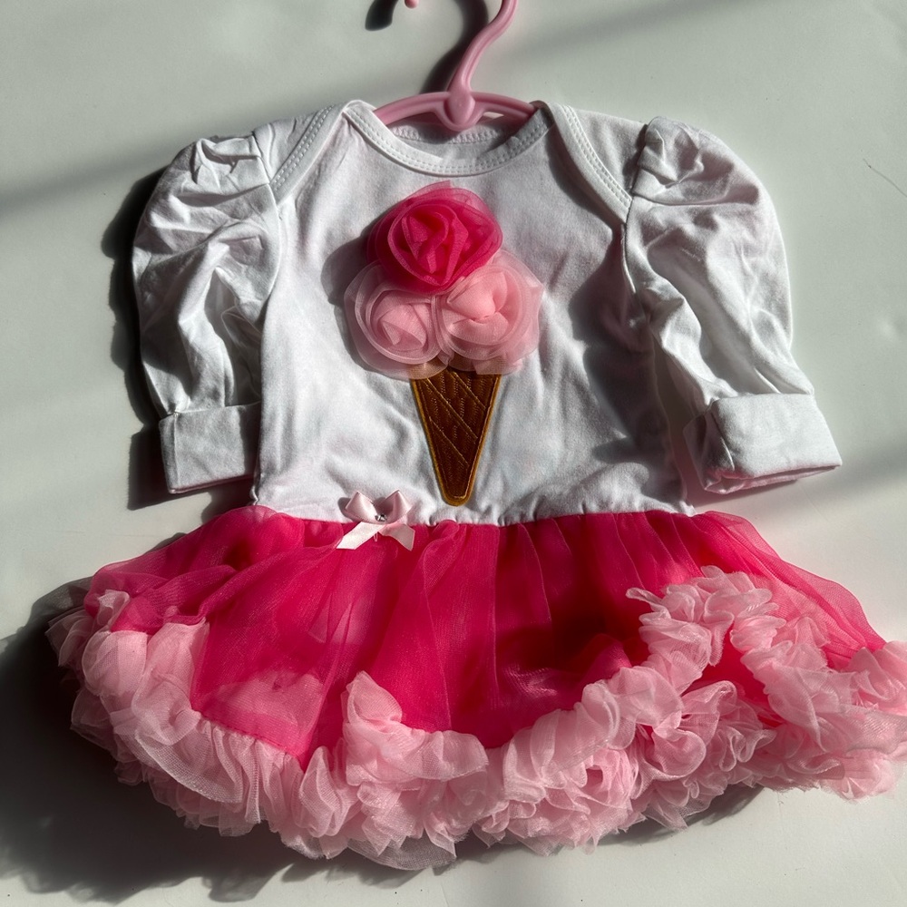 PINK WHITE 3D ICREAM TUTU RUFFLE PUFFY LONG SLEEVE SIZE S ONESIE DRESS